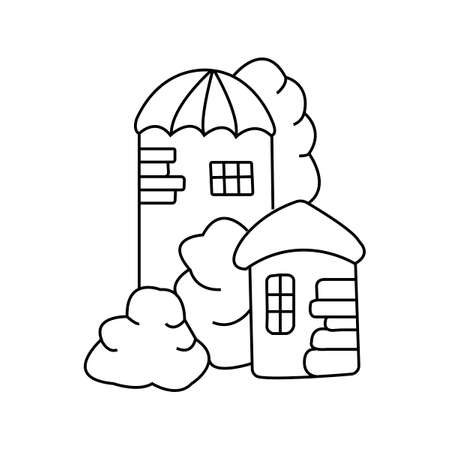 Hand drawn houses and trees coloring pages. Coloring book for children . Black and white background. Vector illustration.のイラスト素材