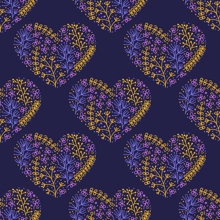 Seamless pattern with heart shape is filled with doodles of flowers, stylized plants, dots. Hand...