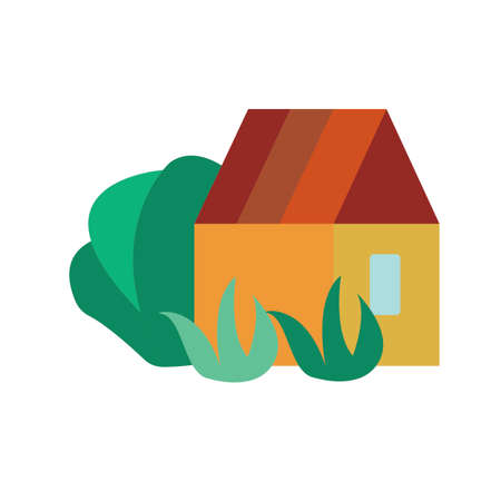Trees, bushes and plants near the village house. Flat style. Vector elements for design.のイラスト素材