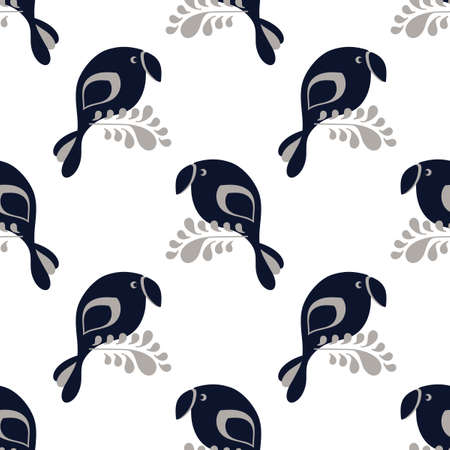 Vector seamless pattern with Tropical birds sitting on the branches of exotic plants. Blue and gray colors.のイラスト素材