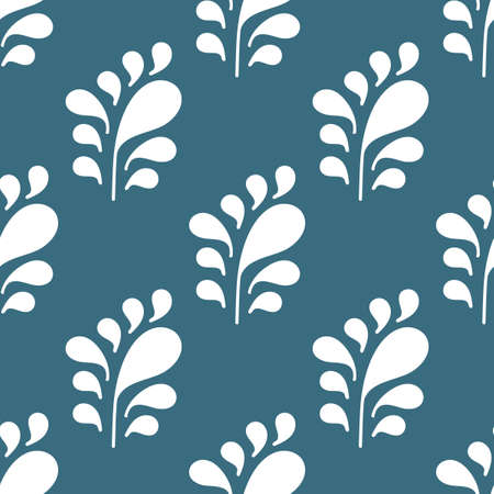 Seamless pattern with Silhouettes of simple stylized branches with leaves . Vector background for fabric, wrapping paper, Wallpaper, stationery, bedding and other surfaces. White and blue color.のイラスト素材
