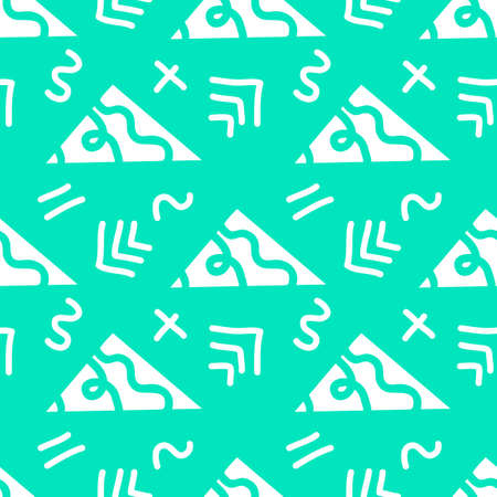 Bright seamless pattern, white and sea color . Doodle elements, Abstract and geometric shapes, triangles, zigzags, stripes. Hand drawn vector backgroundのイラスト素材