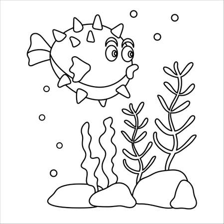 Puffer fish, hedgehog Fish, marine life. Cute character and seaweed . Hand drawn coloring book . Vector illustration.のイラスト素材
