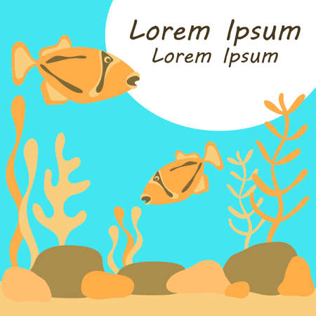 Vector underwater world. Silhouette of fish and algae. Ocean, river or aquarium . Nature, animals, plants. Place for your text.のイラスト素材