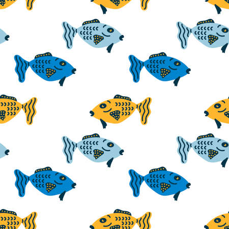 Hand drawn fish . Vector seamless background. Underwater life, Decorative fabrics, Wallpaper, wrapping paper, design ideaのイラスト素材