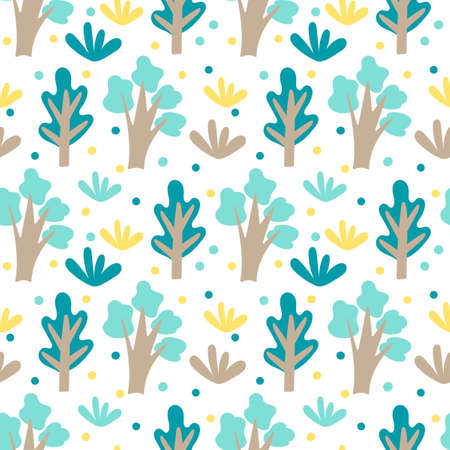 Seamless pattern with trees, bushes and other plants, Doodle elements. Hand drawn vector background. Great for fabric, textiles .のイラスト素材