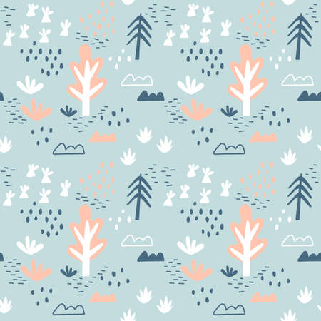 Seamless baby pattern with trees and other plants, Doodle elements. Hand drawn vector background. Pink, blue, cyan and white colors.のイラスト素材