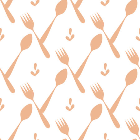 Hand drawn spoon, fork and sprig of a plant. Seamless pattern. Silhouettes Of Cutlery. Kitchen utensils.のイラスト素材