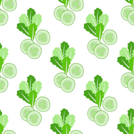 Seamless background from slices of cucumber , lettuce, Chinese cabbage. Health food. Cooking food . Ingredients for vegetable salad. Vector illustration.のイラスト素材
