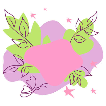 Modern abstract banner. Vector bright pink and purple background. Surrounded by spring twigs with leaves and butterflies. Template for web or print design.のイラスト素材