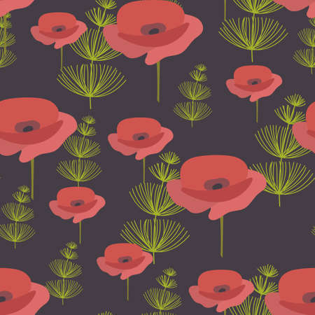 Seamless pattern. Red poppy Flowers and green herbaceous plants. Vector background, suitable for fabric, textiles, bedding, covers.のイラスト素材