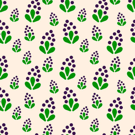 Small plants with purple berries. Vector Seamless background. Decorative motif with abstract floral elements. For Wallpaper design, fabric, pattern fill, web page backgrounds, surface textures.のイラスト素材