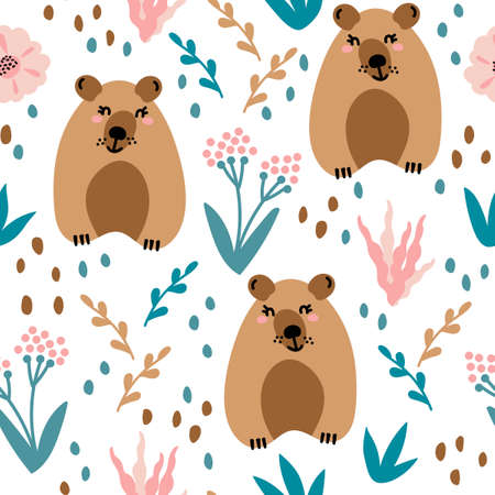 Seamless pattern with cute bears and floral elements, flowers, branches, leaves . Creative childish texture. Great for fabric, textile and other surface. Vector Illustrationのイラスト素材