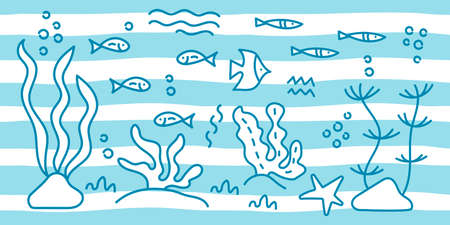 Underwater world. Drawings of fish, shrimp, marine plants and shells . Blue waves on a white background. Horizontal composition. Vector illustrationのイラスト素材
