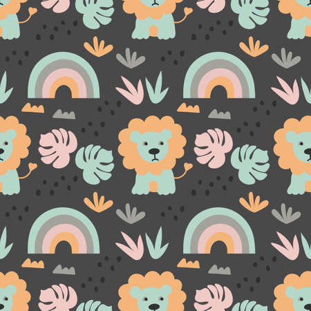 Seamless background with cute lions, rainbows and tropical plants in flat style. Pastel drawing on a dark background. Children's vector background, for fabric, Wallpaper and other surfaces.のイラスト素材