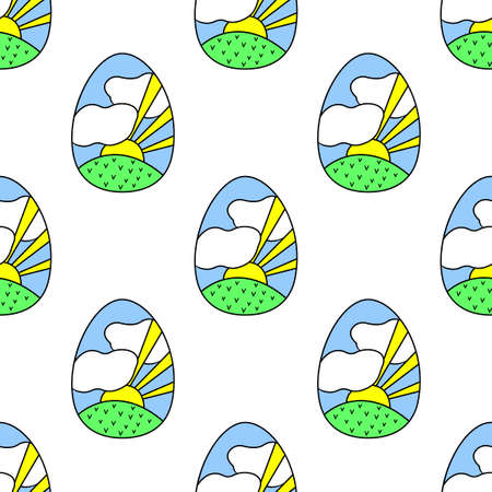 Seamless pattern of Easter eggs with drawings of the sun and clouds, drawn by a child's hand. Vector background.のイラスト素材