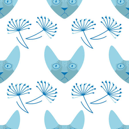 Sphynx cat. Seamless pattern with Muzzle of animal and dandelion flowers .のイラスト素材