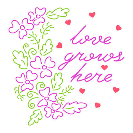 Love grows here. Calligraphy poster graphic design element. Hand written vector style. Leaves , flowers and hearts.のイラスト素材
