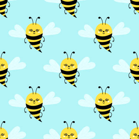 Bee seamless pattern on light blue. Cute cartoon bee or Bumble Bee . Vector illustration. Hand drawn insects for wallpaper, fabric and other.のイラスト素材