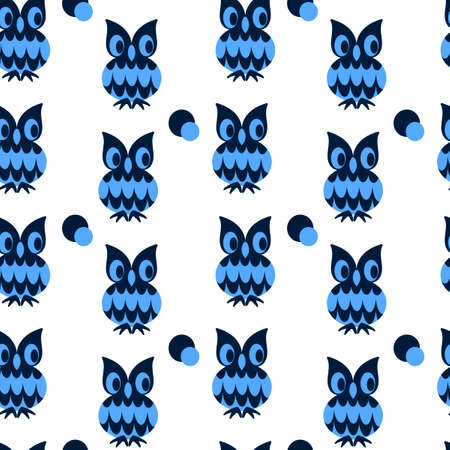 Seamless two-color pattern with cute owls. Blue and cyan colors. Vector backgroundのイラスト素材