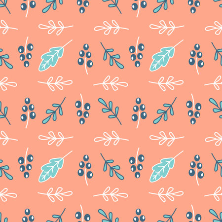 Seamless pattern with Doodle branches, leaves and blue berries on pink. Organic healthy food...