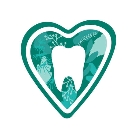 White healthy tooth, green leaves, herbs and heart. Flat style. Concept of oral hygiene and dental care. Vector illustration isolated on white background.のイラスト素材