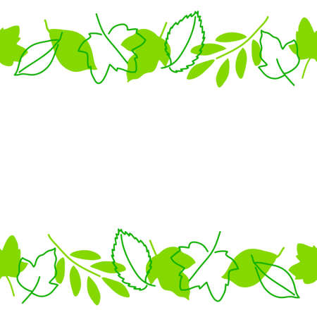 Bright seamless border of spring or summer leaves. Silhouettes and contours of green plants. Hand drawn vector illustration. For postcards, invitations and other. Space for textのイラスト素材