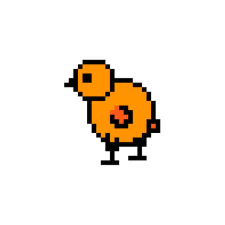 Pixel art cute chicken isolated on white background. Funny yellow cartoon chicken, poultry, farm animals . Vector illustration.のイラスト素材
