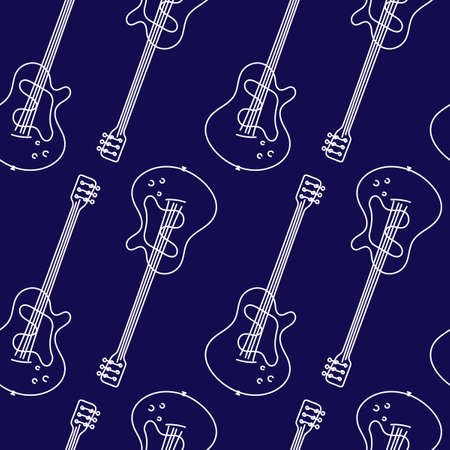 Guitar seamless pattern. Stringed musical instrument. Vector illustration of hand drawn acoustic guitar on a blue background.のイラスト素材
