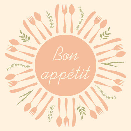 Kitchen frame . Outline and silhouette of Cutlery. Kitchen utensils. Space for text. For menu, poster, logo, and more. Hand drawn Vector illustration.のイラスト素材