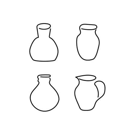 A set of Pitchers, a hand- drawn icon. One line of art for design, logo. Ceramic, glassware, vase, household utensils. Outline black and white simple illustration isolated on a white background. Vector sketch.のイラスト素材