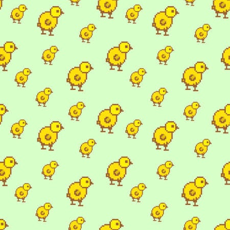 Seamless pattern with Cute chickens on green background. Funny yellow cartoon chicken, poultry, farm animals . Vector illustration.のイラスト素材