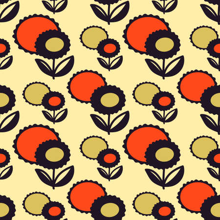 Floral seamless pattern in flat style. Hand drawn abstract fantasy flowers. Vintage background in blue, red, gold colors.のイラスト素材