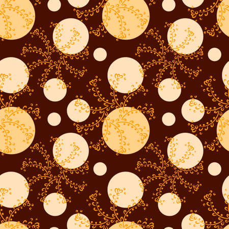 Hand drawn seamless pattern. Polka dot and mandala of flowers. Chocolate colors. Vector background for fabric and other surfacesのイラスト素材