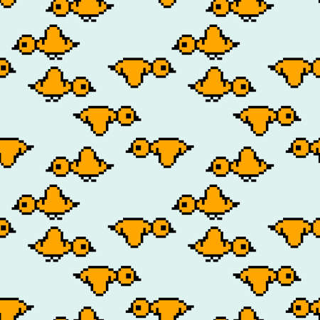 Seamless pattern. A flock of flying birds. Pixel birds on a blue background. Migratory bird . Vector illustration,のイラスト素材
