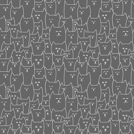 The cat's muzzle, seamless pattern. The contours of the animals, lolcats . Hand drawn vector background. White and grey.のイラスト素材