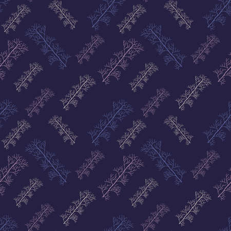 Seamless background with a delicate ornate pattern. Diagonal stripes of blue, lilac and white twigs on a dark background. Botanical pattern for fabric and other surfaces.のイラスト素材