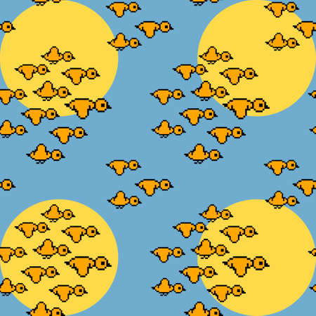 Seamless pattern. A flock of flying birds. Pixel birds on a blue background. Migratory bird .のイラスト素材