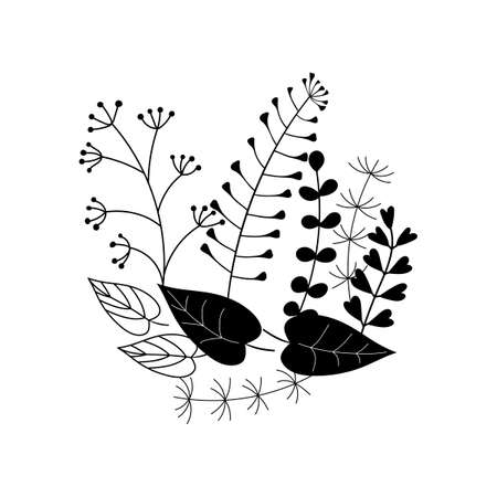 Silhouettes of simple twigs, leaves and herbs, herbarium. Vector hand drawing black and white. Composition for your design.のイラスト素材