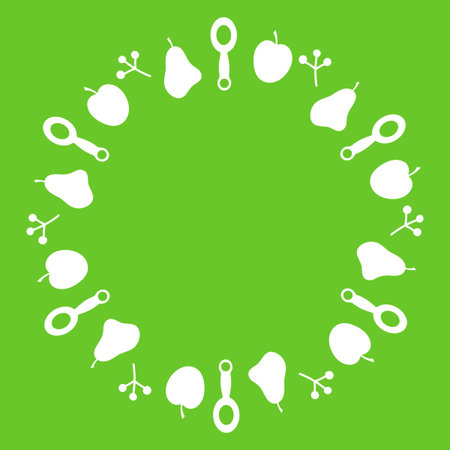 Frame made of hand-drawn apple, pear, plum, children's spoons .The concept of baby food. Natural products for children. Space for text. Vector design template,のイラスト素材