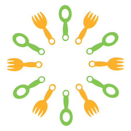 Frame made of hand-drawn children's spoons and forks .The concept of baby food. Natural products for children.Space for text. Vector design template.のイラスト素材