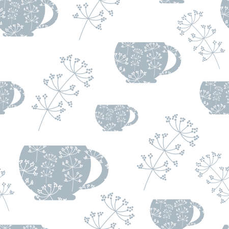 Teapot and Cup with beautiful floral ornaments. Vector composition template for design. Flat style, white and blue colorsのイラスト素材