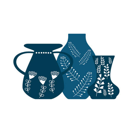 Handmade pottery, ceramic vases painted by hand. Pottery hobby. Flat vector illustrationのイラスト素材