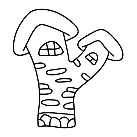 Coloring book. A hand-drawn fairy house isolated on a white background. Doodle, simple outline illustration. Vector illustration for coloring pages. Black outline on a white background, drawn by hand.のイラスト素材