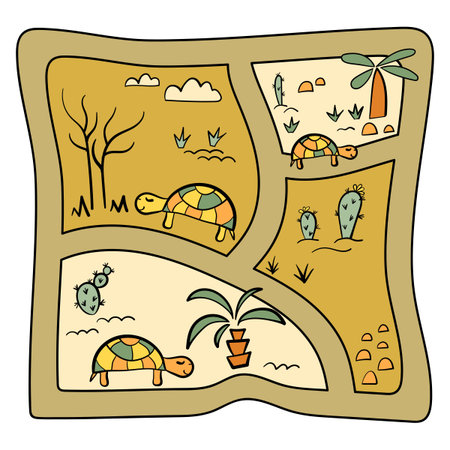 Roads with turtles, palm trees, cacti in Doodle style . A poster for children or a play surface, a...