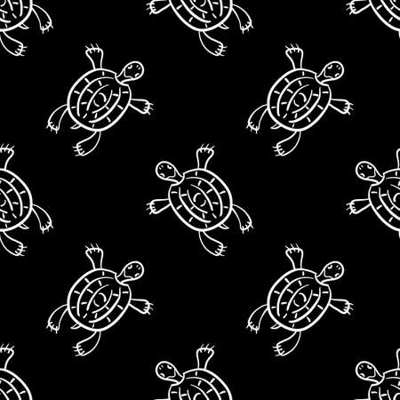 Seamless fashion animal pattern with turtle, terrapin. Simple Doodle vector background. Black and white.のイラスト素材