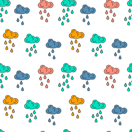 Vector seamless pattern. Colored clouds and raindrops. For fabric, paper, and other surfaces. Cartoon style.のイラスト素材