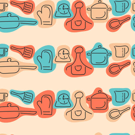 Seamless pattern kitchen utensils. Contour Cutlery and abstract spots. Design of the menu, recipe, poster. Vector illustration.のイラスト素材