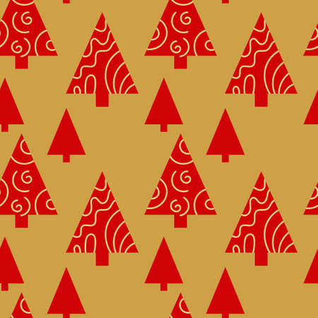 Red Christmas trees with hand drawn decoration on gold background. Vector Seamless patternのイラスト素材