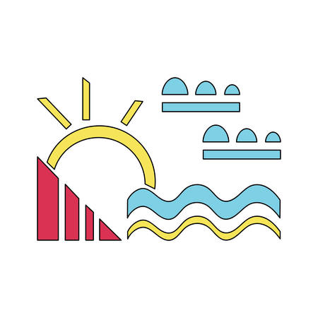 Modern, Suprematist style vector composition on the theme of nature, tourism, recreation. Sea, sun, mountains cloudsのイラスト素材